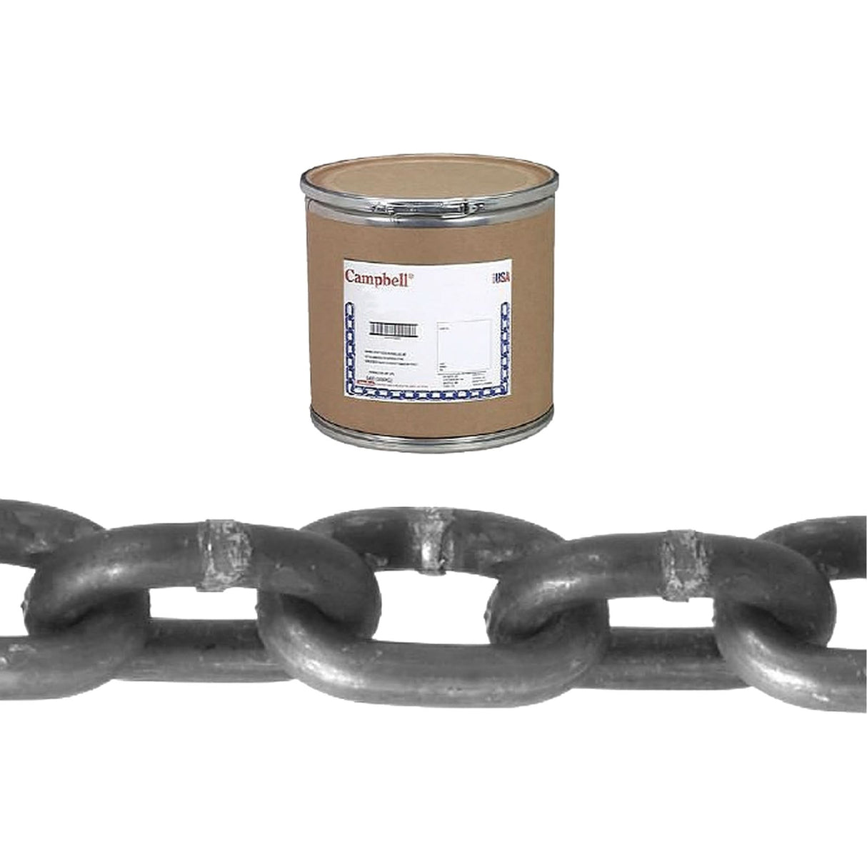 Campbell® Proof Coil Chain, Low Carbon Steel, 1/4" x 400' (121.9 m) L, Grade 30, 1300 lbs. (0.65 tons) Load Capacity