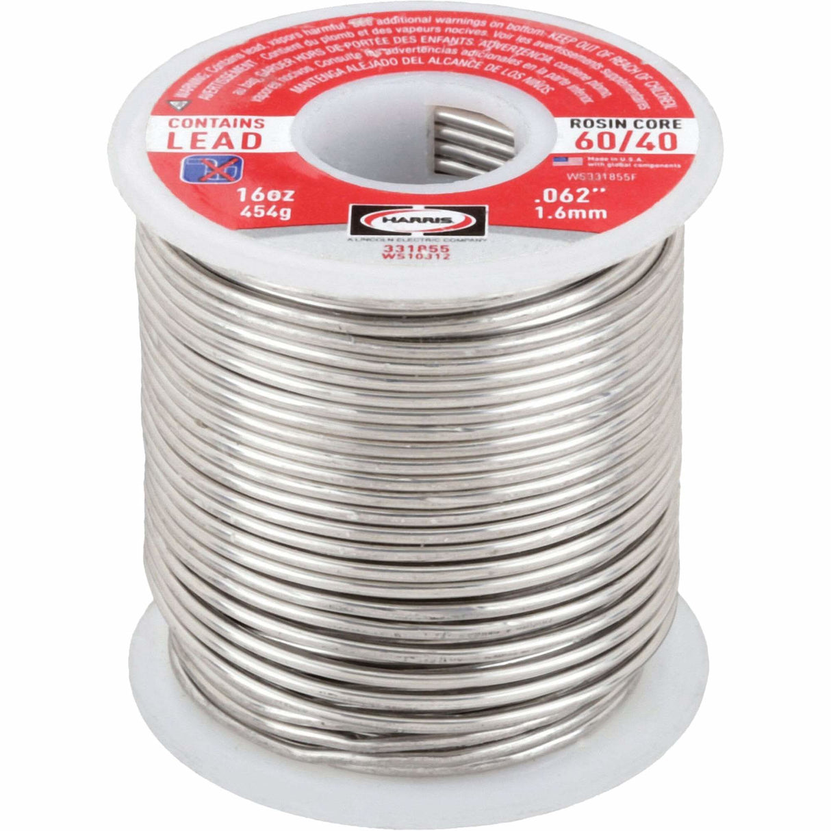60/40 Leaded Rosin Core Solder, Lead-Based, 60% Tin 40% Lead, Rosin Core, 1/16" Dia.