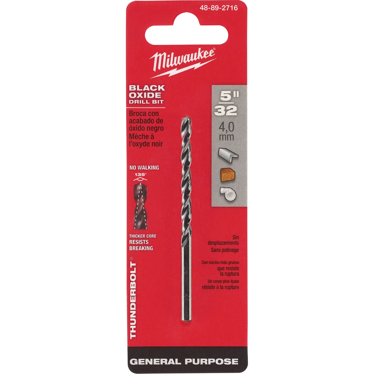 Thunderbolt® Jobber Drill Bit, High Speed Steel, 5/32", 3-1/8" L, 2" Flute, 135° Point Angle
