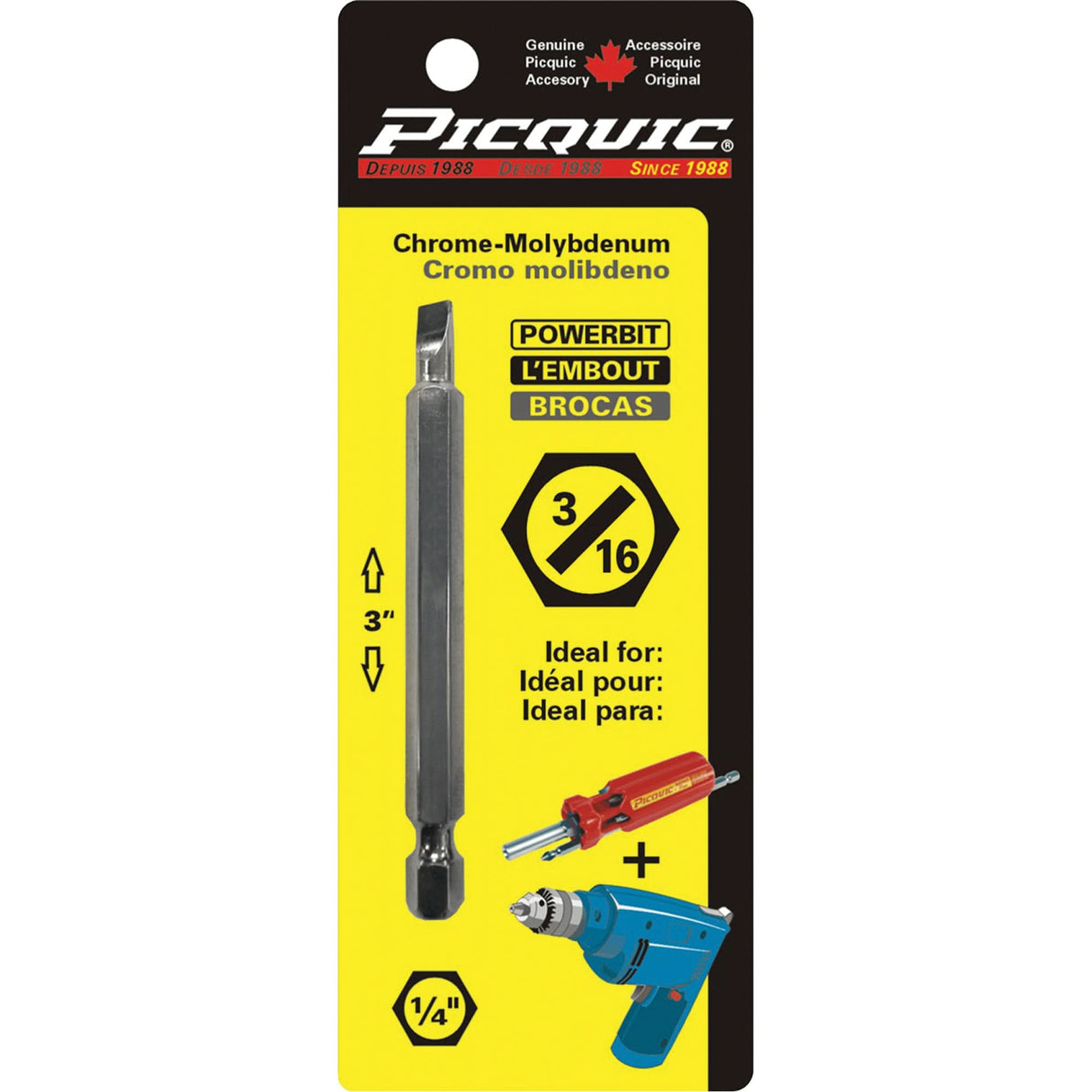 Picquic® Powerbit, Slot, 3/16" Tip, 1/4" Drive Size, 3" Length