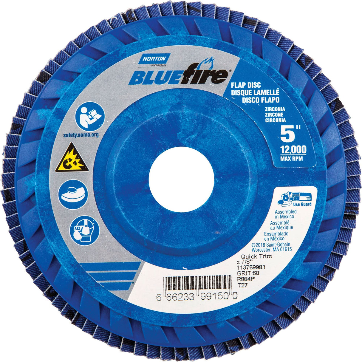 BlueFire™ R884P Coarse Grit Flap Disc, 5" x 7/8", Type 27, 60 Grit, Zirconia Alumina