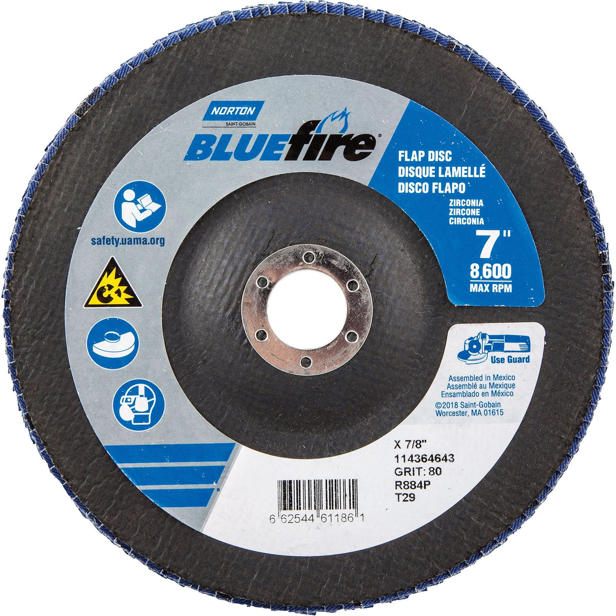 BlueFire™ R884P Coarse Grit Flap Disc, 7" x 7/8", Type 27, 80 Grit, Zirconia Alumina