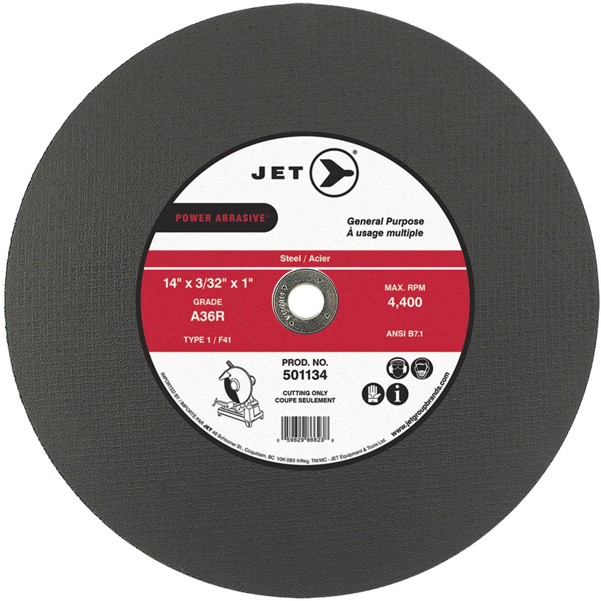 A36R Power Abrasive Cut-Off Wheel, 14" x 3/32", 1" Arbor, Type 1, 4400 RPM