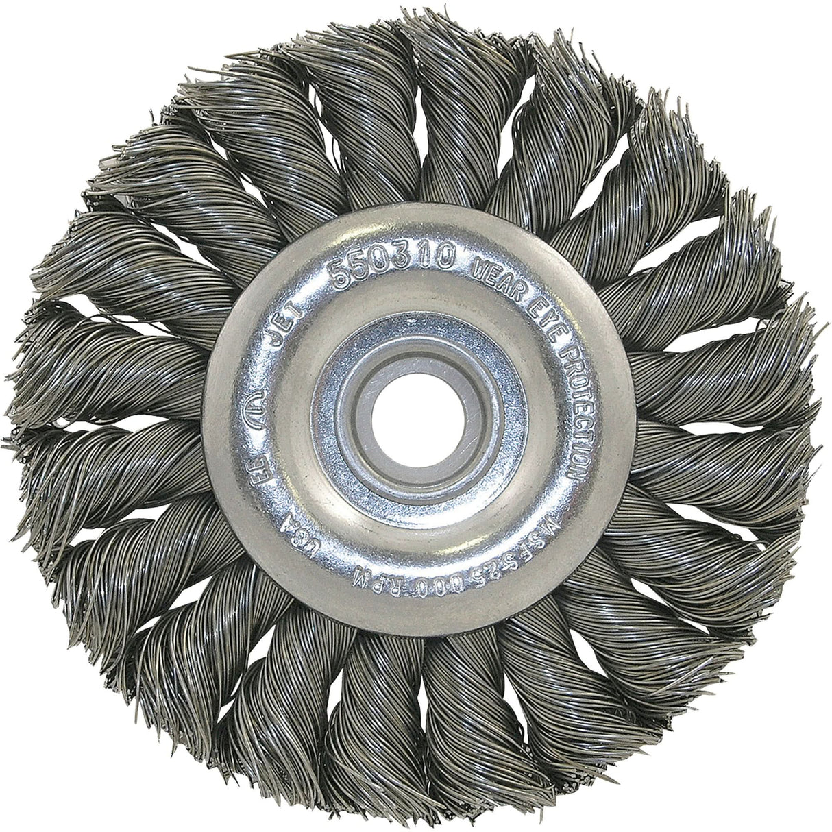 3K114 Unthreaded Knot Twisted Wire Wheel, 3-1/4" Dia., 0.014" Fill, 3/8"-1/2 Arbor