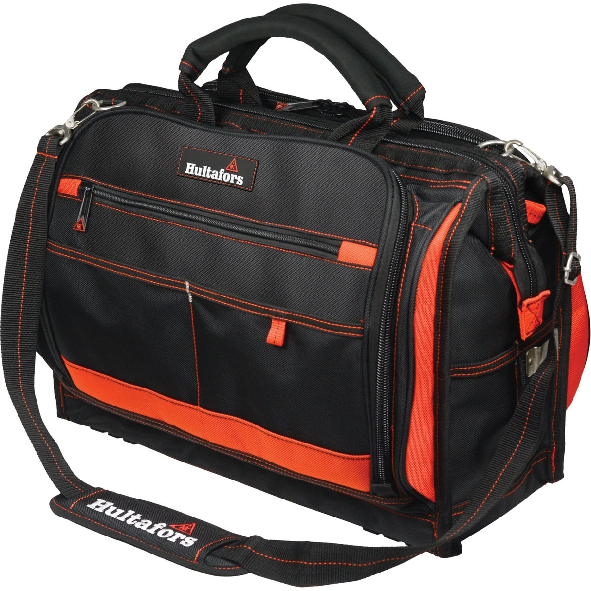 18" Multi-Compartment Tool Carrier, Ballistic Polyester, 50 Pockets, Black/Red