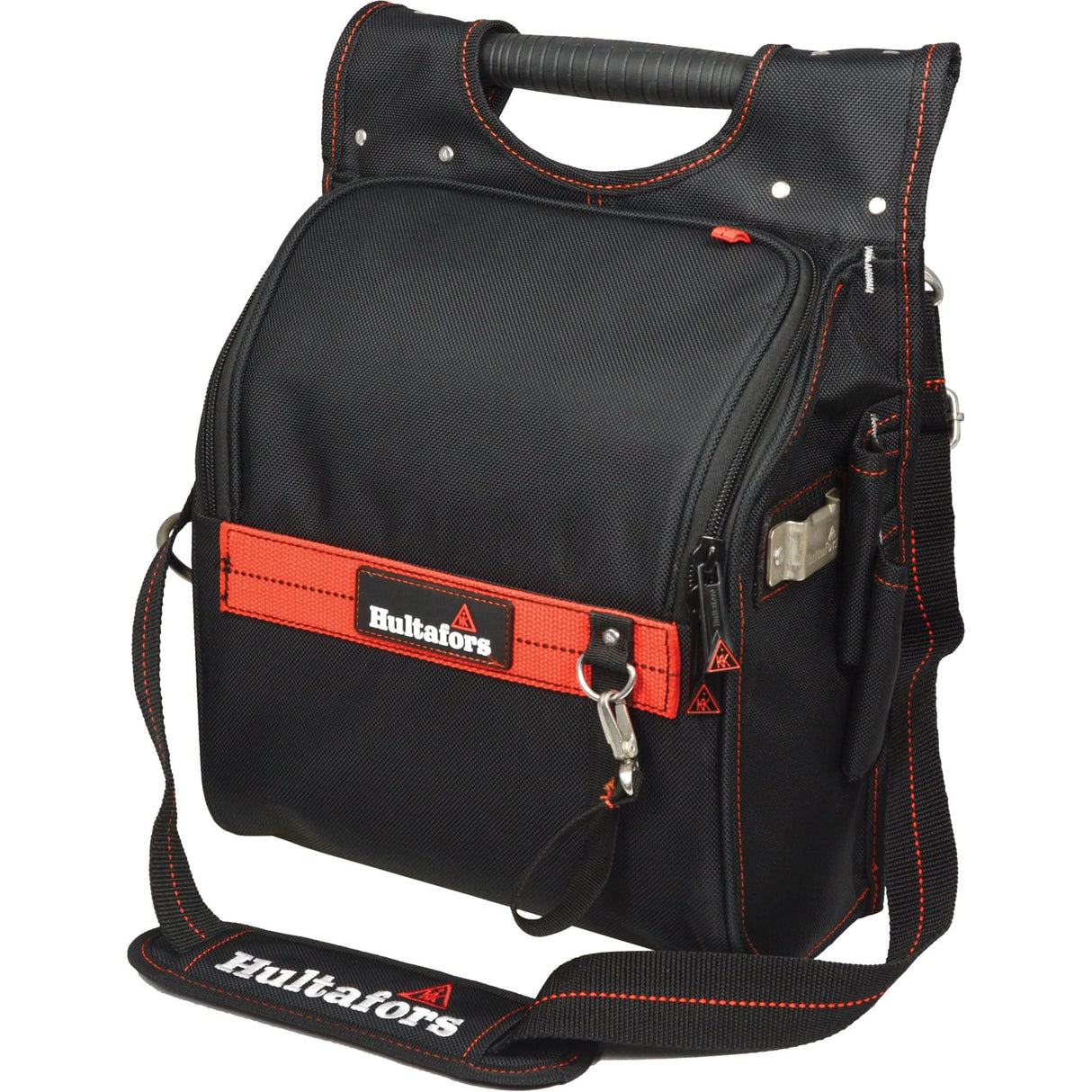 Zippered Professional Electrician's Tool Pouch, Ballistic Polyester, 19 Pockets, Black/Red
