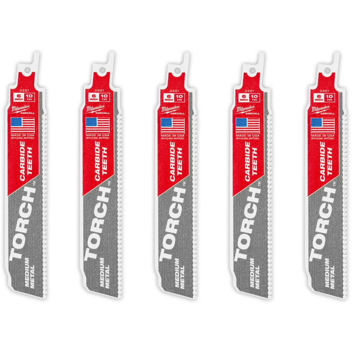 TORCH™ 5-Pack with Carbide Teeth for Medium Metal, Carbide, 10 TPI, 6" L x 1" W
