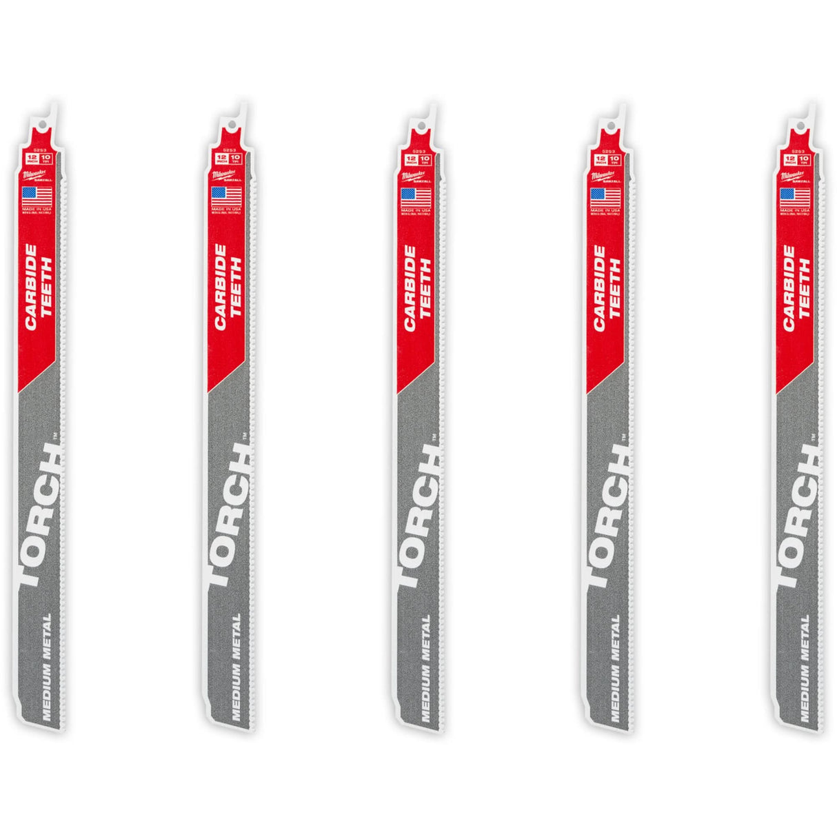 TORCH™ 5-Pack with Carbide Teeth for Medium Metal, Carbide, 10 TPI, 12" L x 1" W