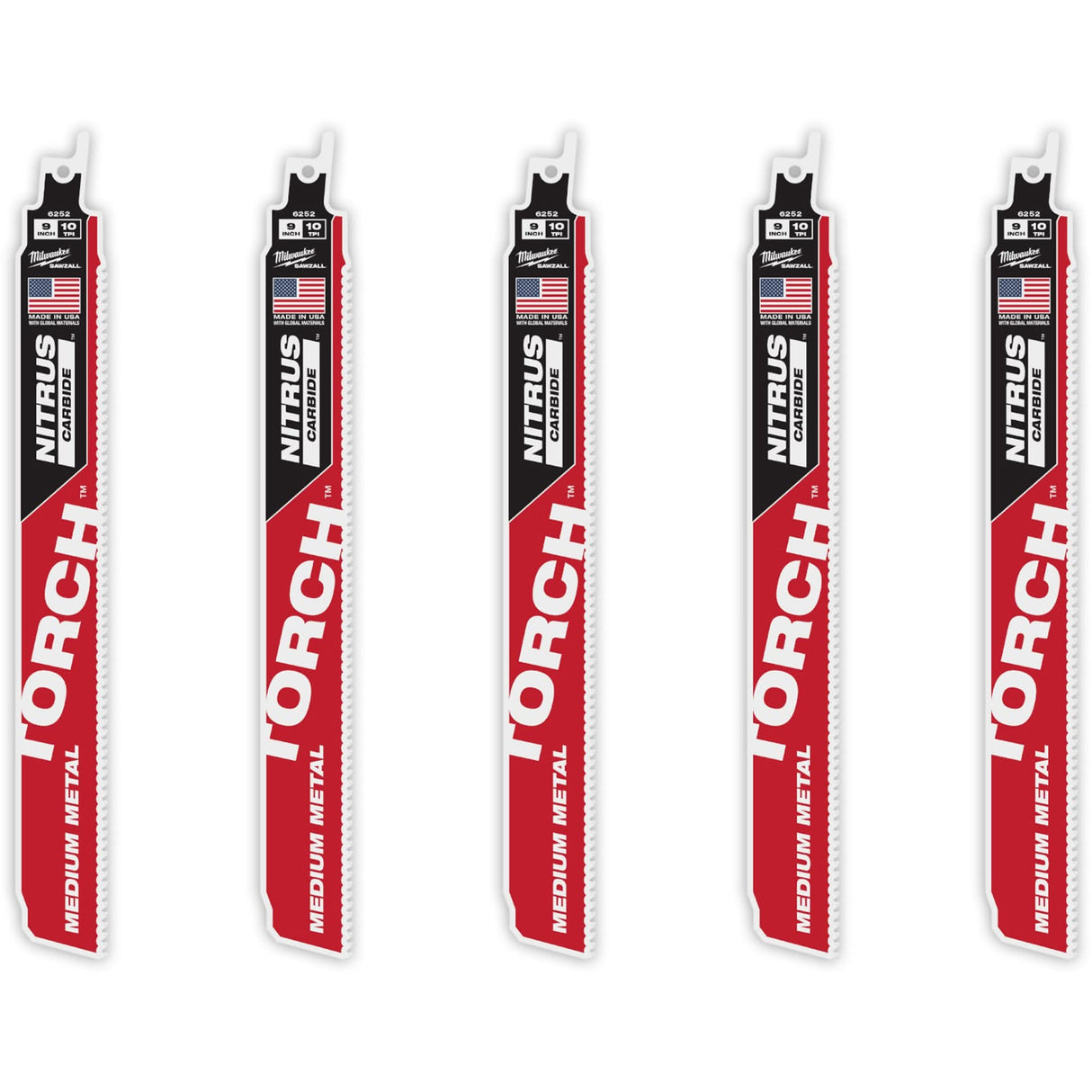 TORCH™ 5-Pack with NITRUS CARBIDE™ Teeth for Medium Metal, Carbide, 10 TPI, 9" L x 1" W