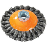 Saucer Cup Brush With Knot-Twisted Wires, 4" Dia., 5/8"-11 Arbor, Steel