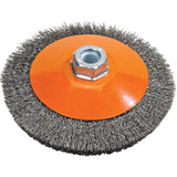 Saucer Cup Brush With Knot-Twisted Wires, 5" Dia., 0.02" Fill, 5/8"-11 Arbor, Steel