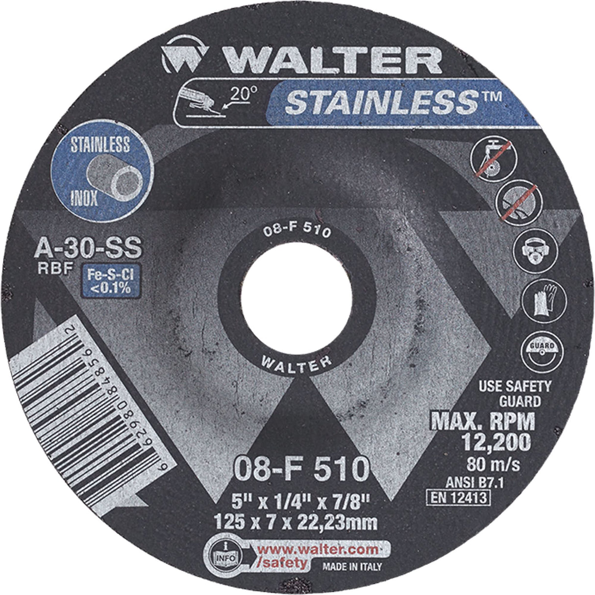 Stainless Steel Depressed Centre Grinding Wheels, 5" x 1/4", 7/8" Arbor, Type 27