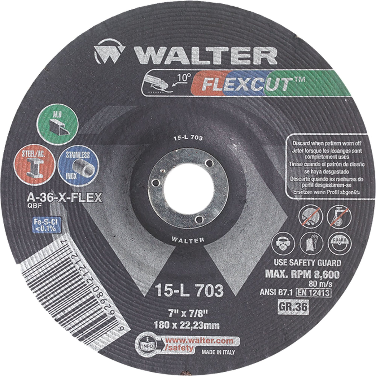 Flexcut™ Depressed Centre Grinding Wheels, 7", 36 Grit, Aluminum Oxide, 7/8", 8600 RPM, Type 29
