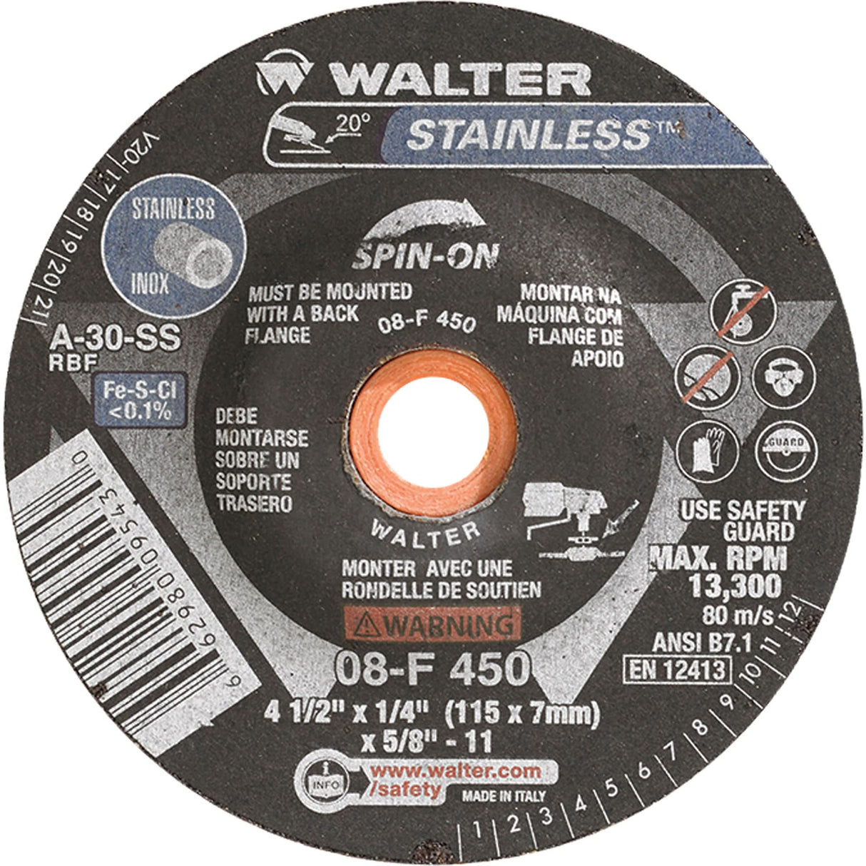 Depressed Centre Grinding Wheels - Stainless Type 27, 4-1/2" x 1/4", 5/8"-11 Arbor, Type 27S