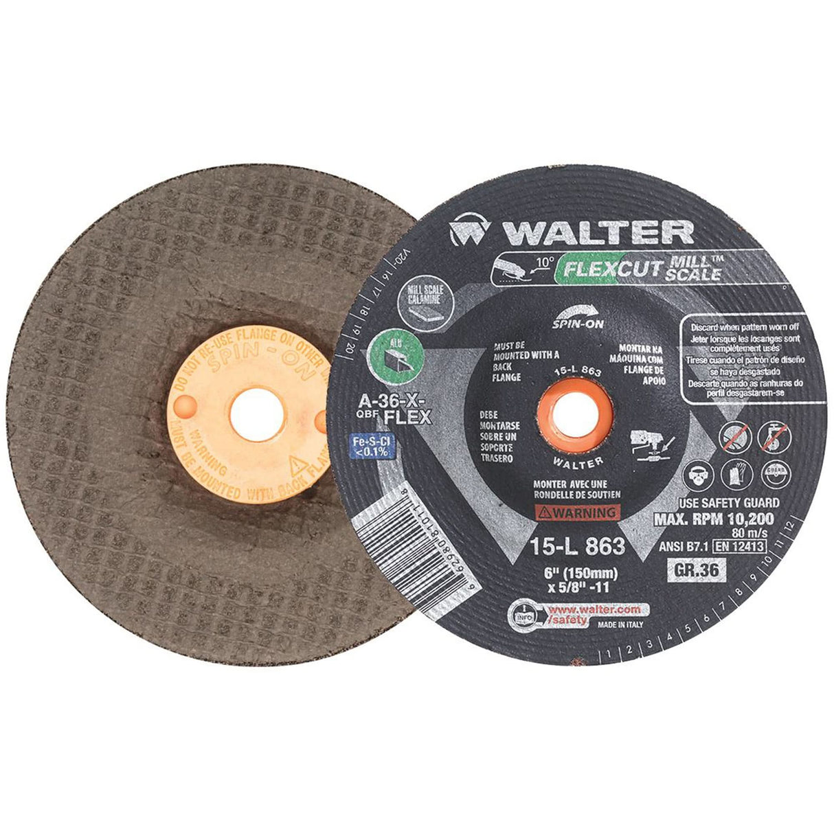 FLEXCUT MILL SCALE™ Grinding Wheel, 6", 36 Grit, Aluminum Oxide, 5/8"-11, 10200 RPM, Type 29
