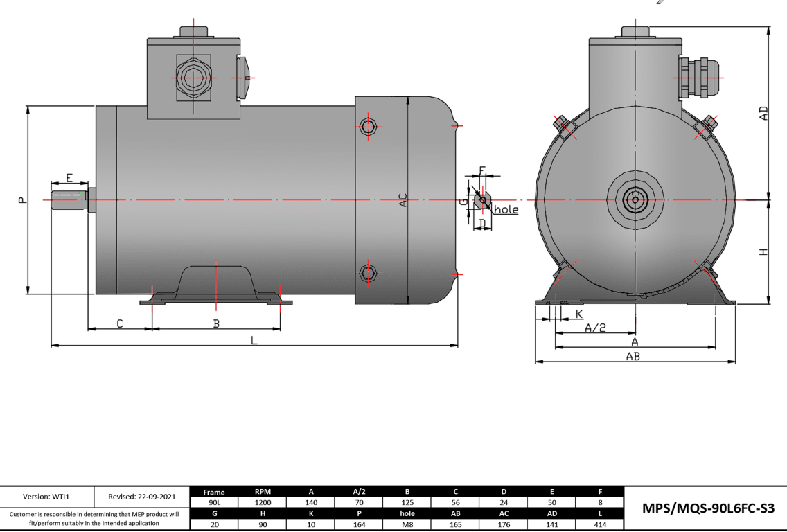 Max Motion MQS-90L6FC-S3 | IEC Motor 1.5HP, 1200RPM, 208-230/460V, Frame 90L, TEFC, Rigid Base