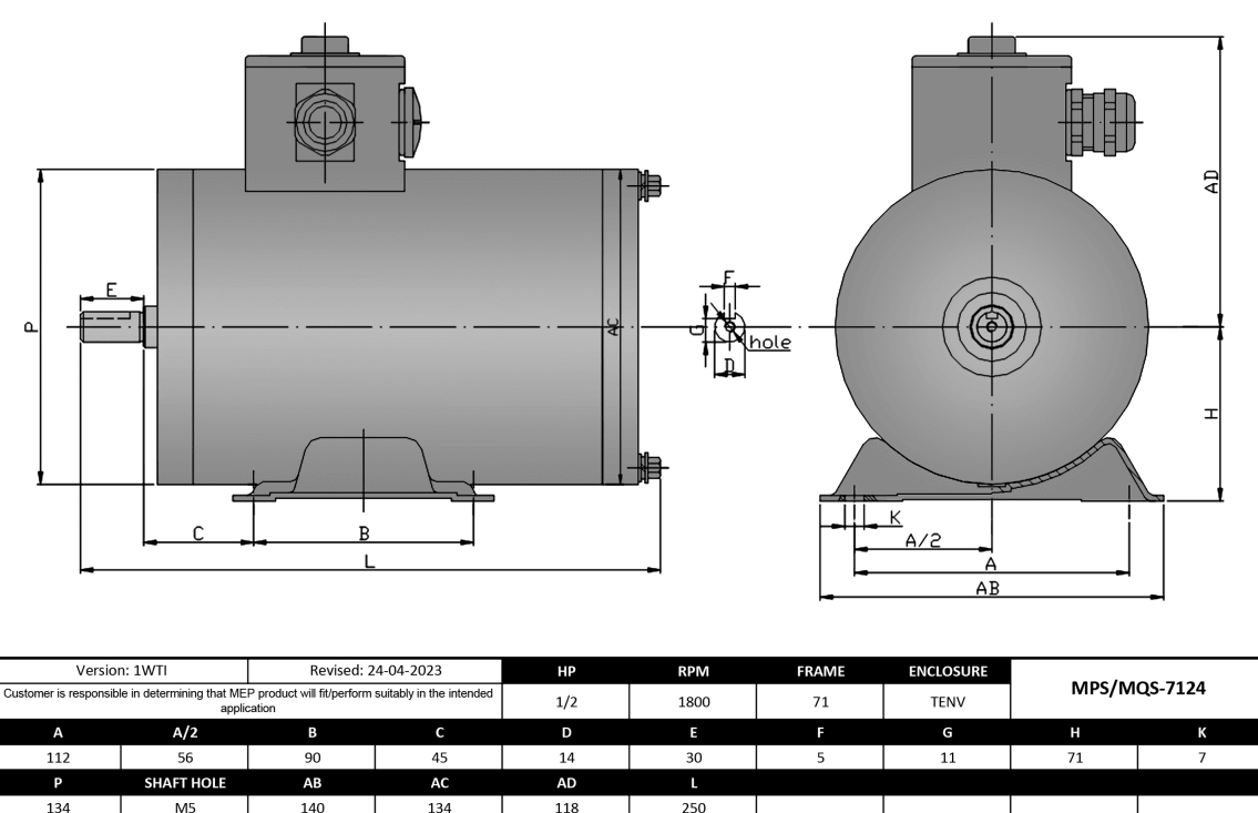 Max Motion MQS-7124 | IEC Motor 1/2HP, 1800RPM, 208-230/460V, Frame 71, TENV, Rigid Base
