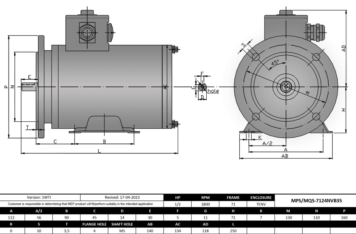 Max Motion MQS-7124NVB5 | IEC Motor 1/2HP, 1800RPM, 208-230/460V, Frame 71, TENV, Round Body Base