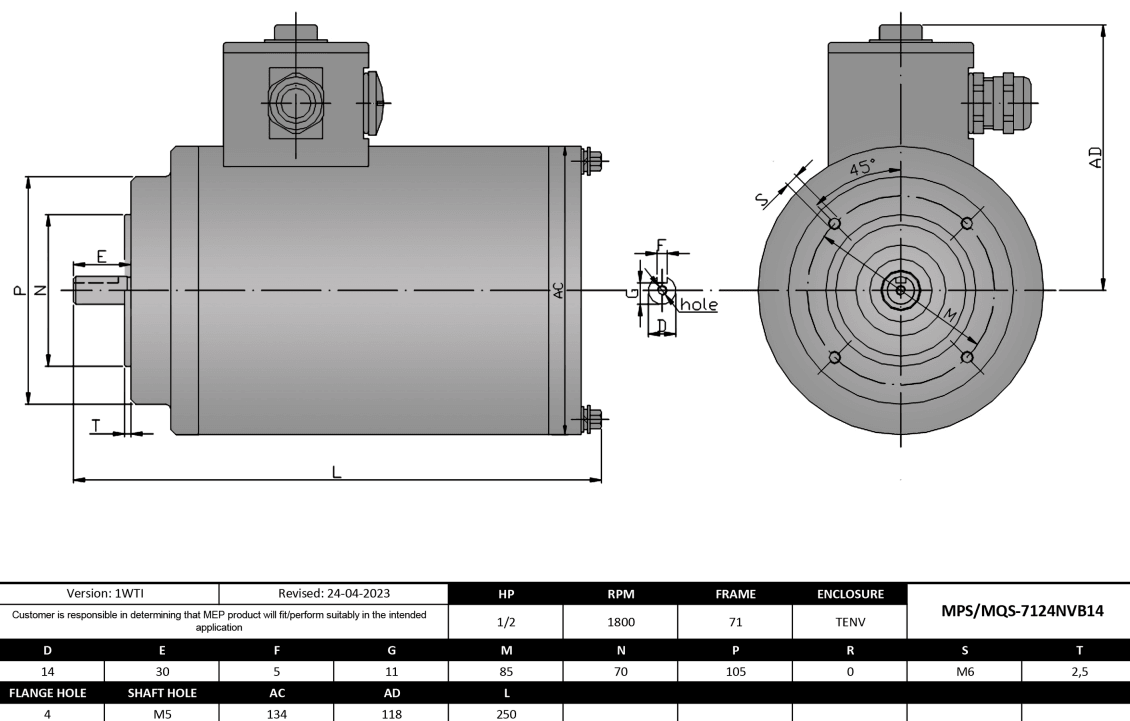 Max Motion MPS-7124NVB14 | IEC Motor 1/2HP, 1800RPM, 575V, Frame 71, TENV, Round Body Base