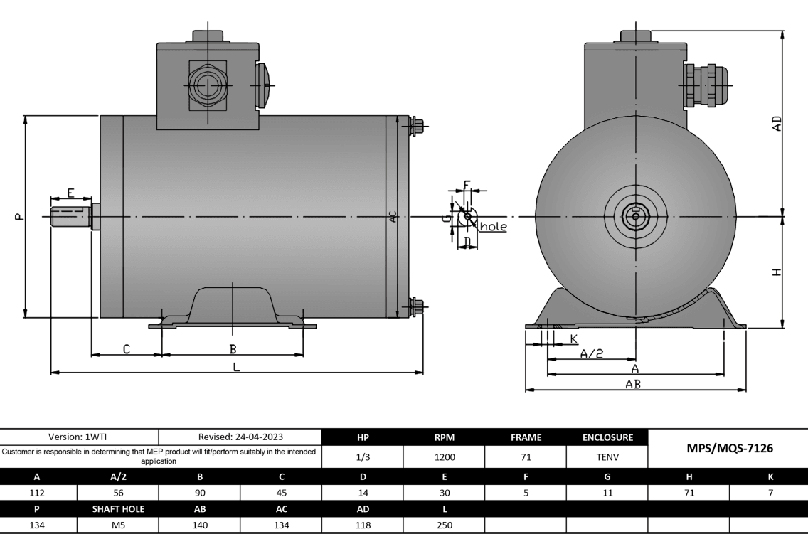 Max Motion MQS-7126 | IEC Motor 1/3HP, 1200RPM, 208-230/460V, Frame 71, TENV, Rigid Base