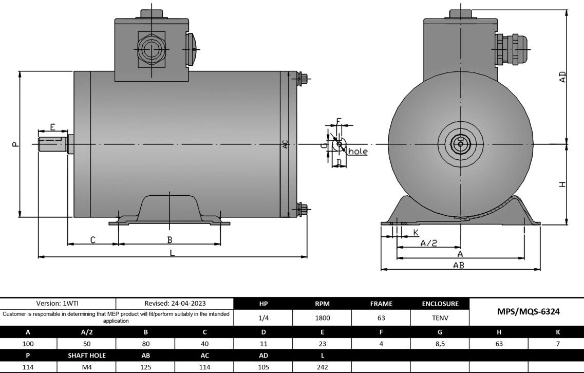 Max Motion MQS-6324 | IEC Motor 1/4HP, 1800RPM, 208-230/460V, Frame 63, TENV, Rigid Base
