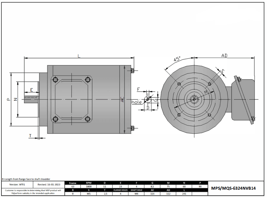 Max Motion MQS-6324NVB14 | IEC Motor 1/4HP, 1800RPM, 208-230/460V, Frame 63, TENV, Round Body Base