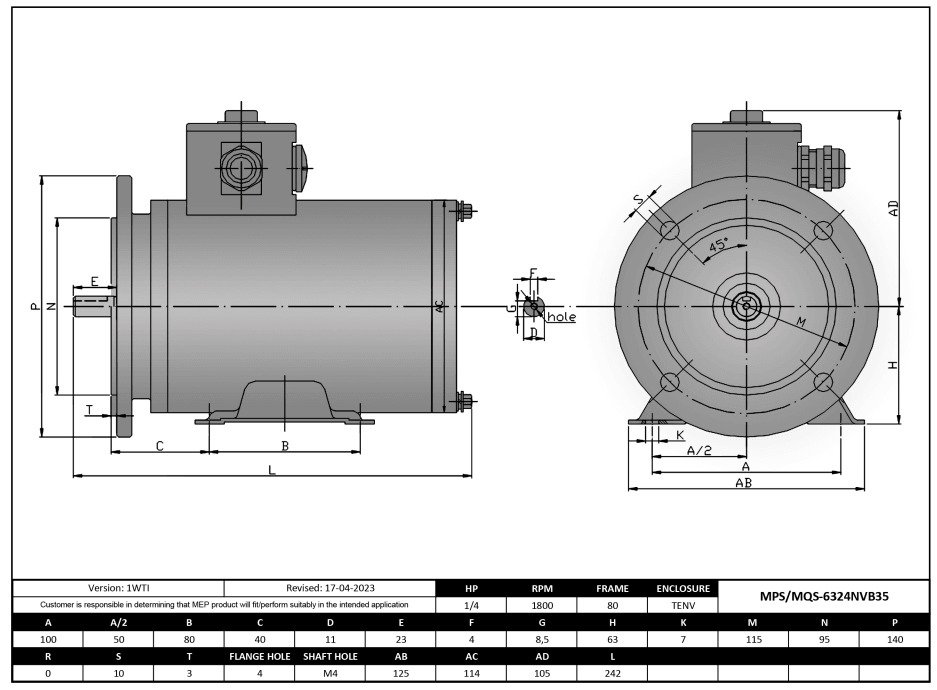 Max Motion MQS-6324NVB5 | IEC Motor 1/4HP, 1800RPM, 208-230/460V, Frame 63, TENV, Round Body Base
