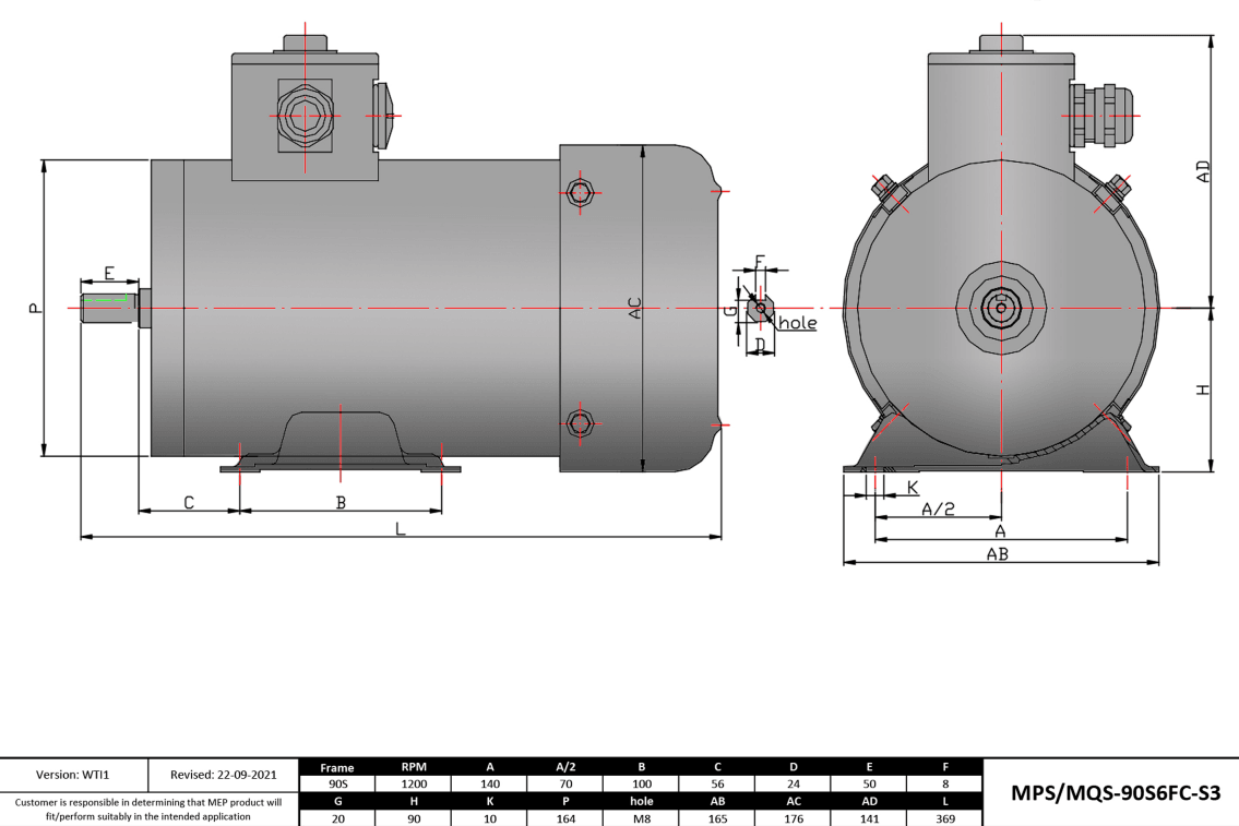Max Motion MQS-90S6FC-S3 | IEC Motor 1HP, 1200RPM, 208-230/460V, Frame 90S, TEFC, Rigid Base