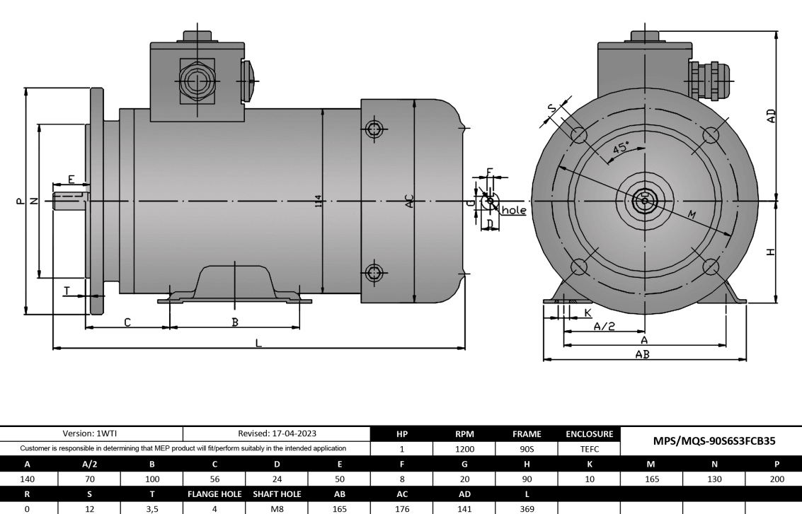 Max Motion MPS-90S6FC-S3-B35 | IEC Motor 1HP, 1200RPM, 575V, Frame 90S, TEFC, Rigid Base