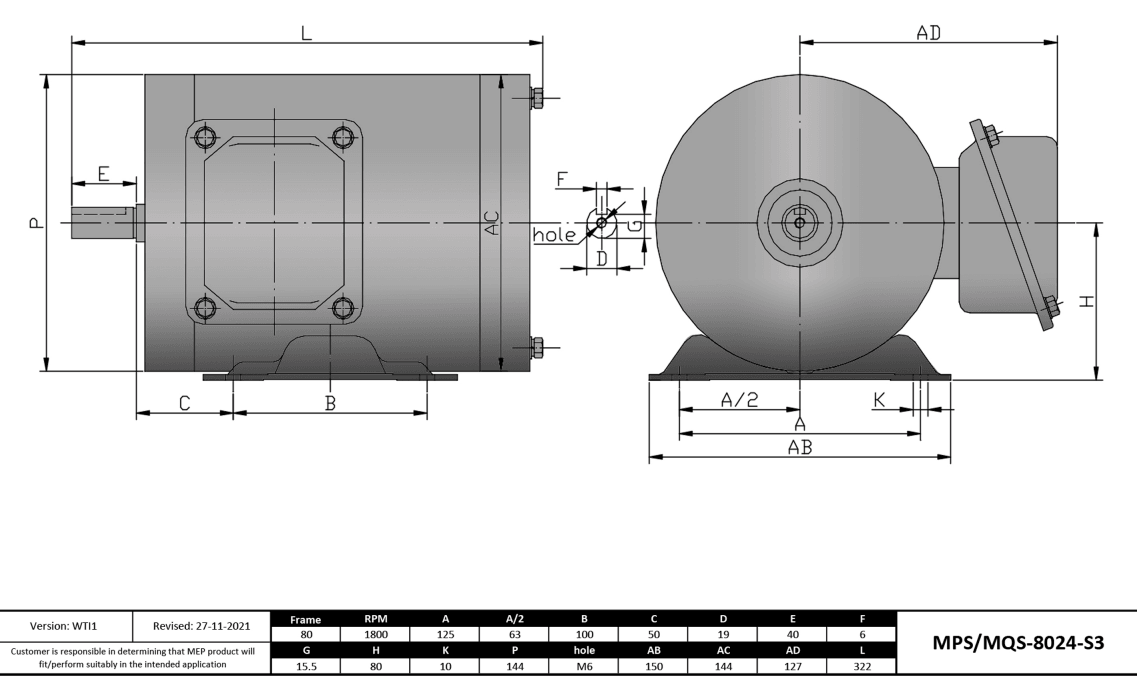 Max Motion MPS-8024-S3 | IEC Motor 1HP, 1800RPM, 575V, Frame 80, TENV, Rigid Base