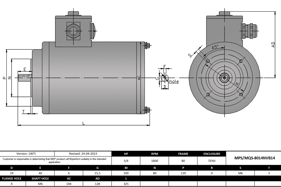 Max Motion MQS-8014NVB14 | IEC Motor 3/4HP, 1800RPM, 208-230/460V, Frame 80, TENV, Round Body Base