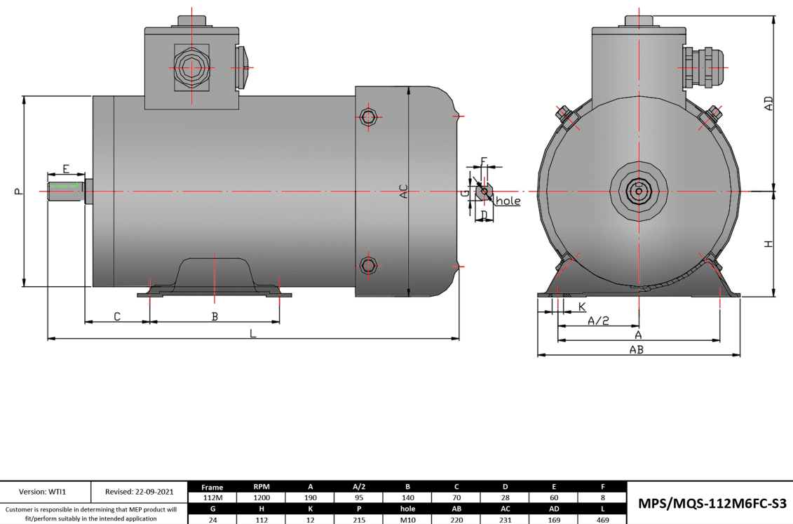 Max Motion MQS-112M6FC-S3 | IEC Motor 3HP, 1200RPM, 208-230/460V, Frame 112M, TEFC, Rigid Base