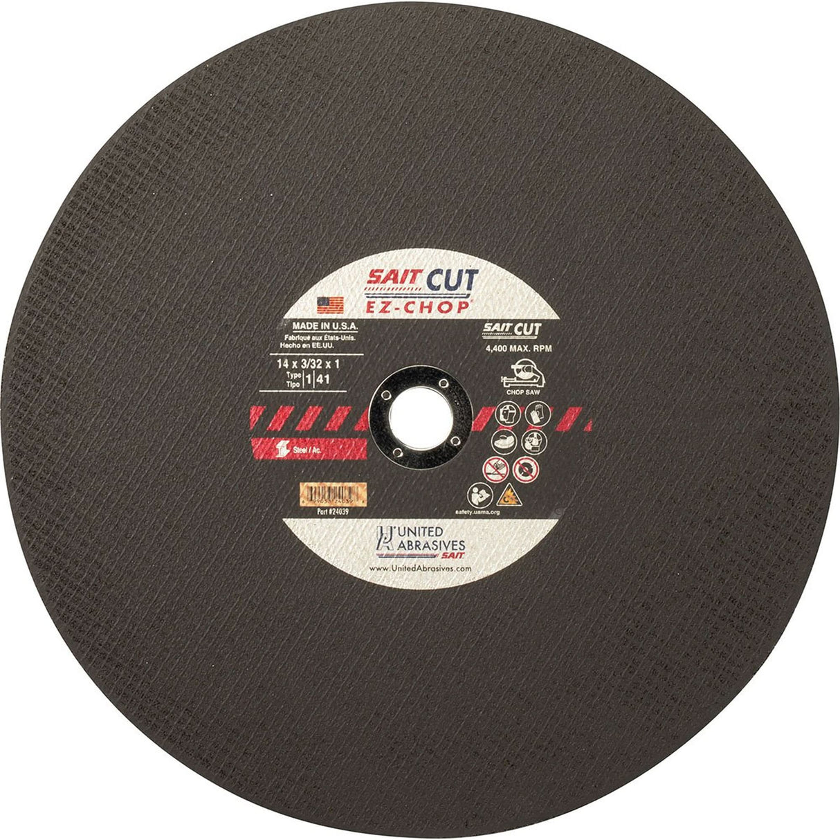 Chop Saw Wheel, 12" x 0.093"/3/32", 1" Arbor, Type 1, Aluminum Oxide, 5100 RPM
