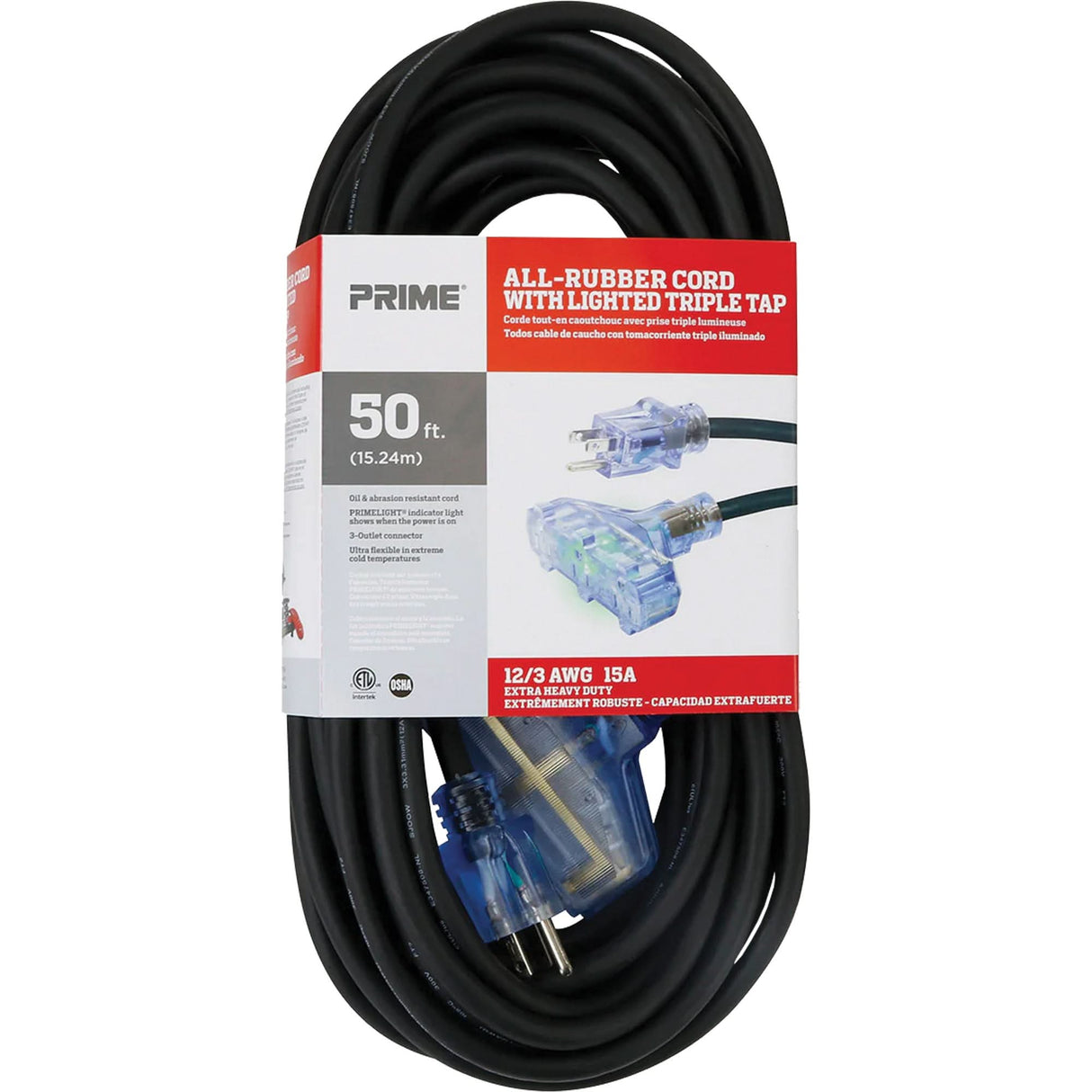 All-Rubber™ Extension Cord, Outdoor, SJOOW, 12/3 AWG, 15 A, 3 Outlet(s), 50'