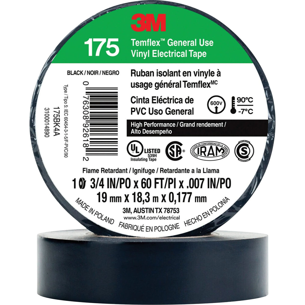 Temflex™ General Use Vinyl Electrical Tape 175, 19 mm (3/4") x 18 M (60'), Black, 7 mils