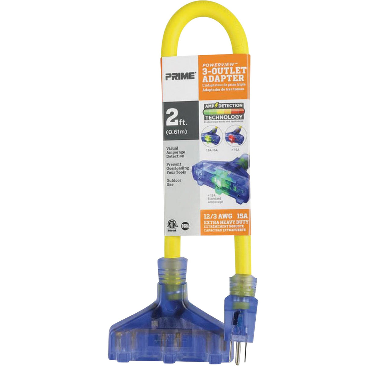 Adapter with Visual Amperage Detection, Outdoor, 12/3 AWG, 15 A, 3 Outlet(s), 2'